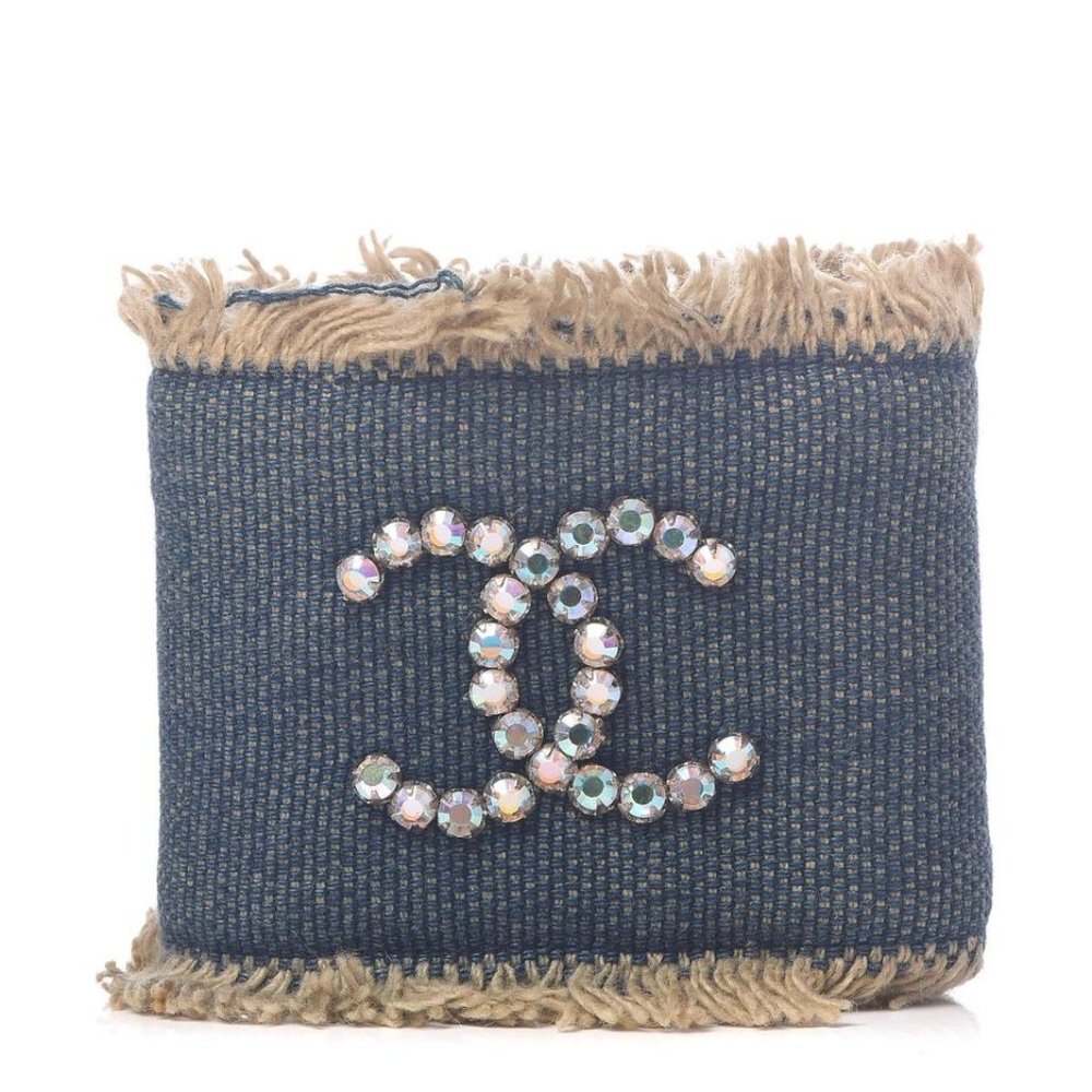 Chanel 01p Denim CC Crystal Logo Cuff Bracelet